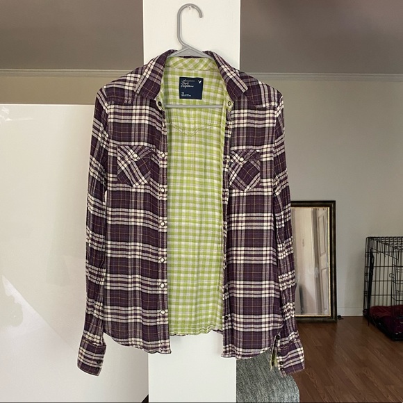 Purple & green plaid button down Am eagle - Picture 1 of 3